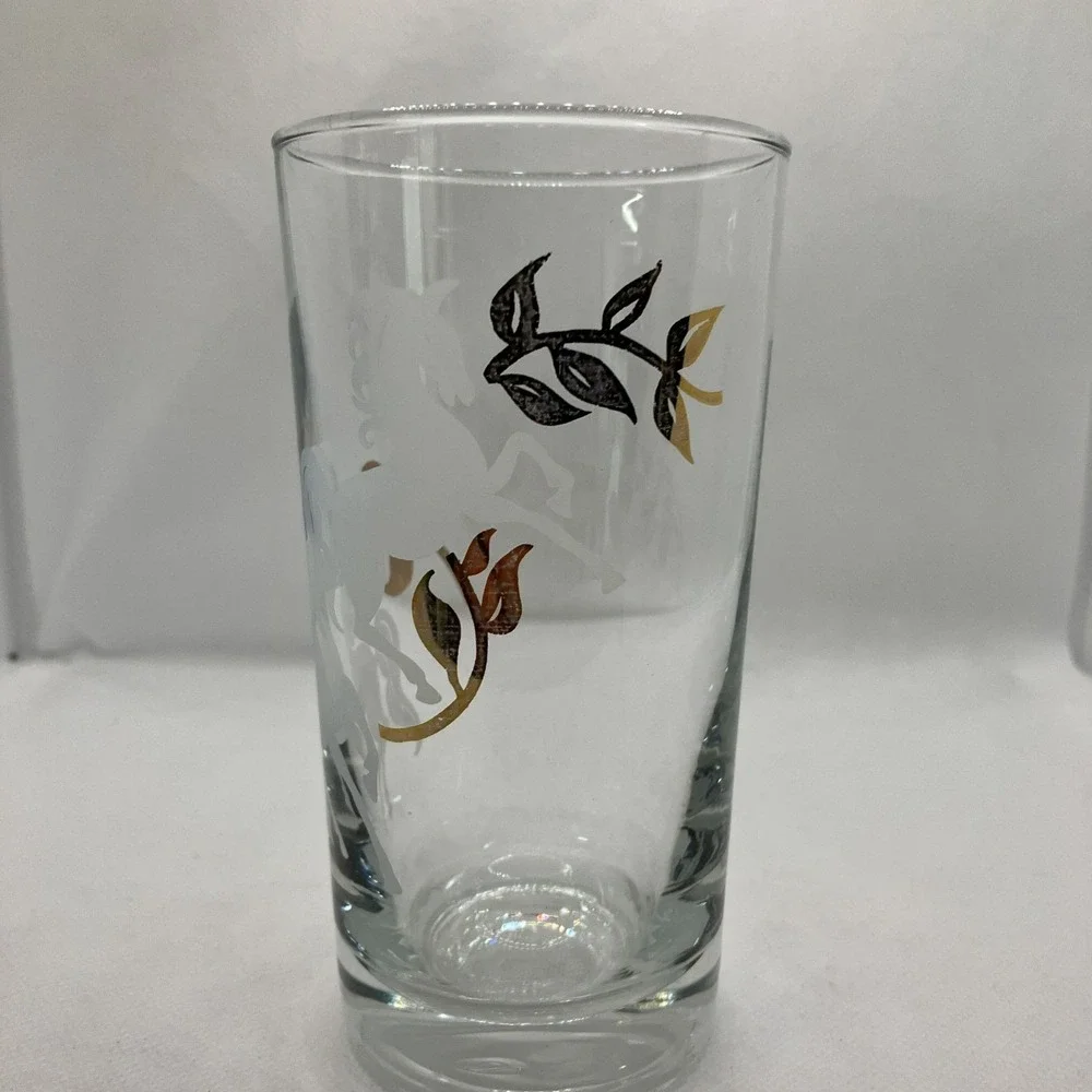 Vintage MCM Libbey Prancing Colts Frosted Highball Glass Set of 8 Barware Gold